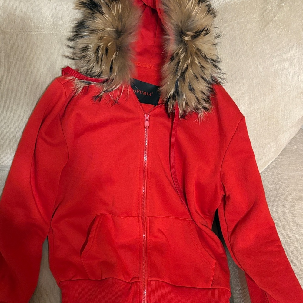 Red Fur-Trimmed Women's Sweater